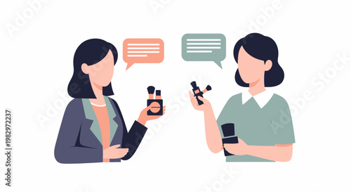 Two women discussing makeup products.