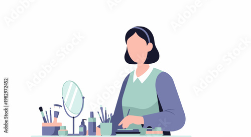 Woman Applying Makeup at Dressing Table.