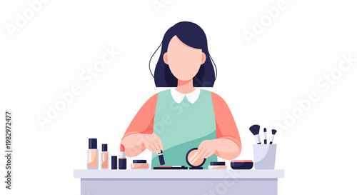 Woman Applying Makeup at Vanity Table.