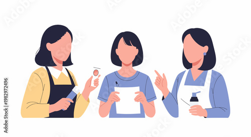 Three Women in Aprons Working Together.