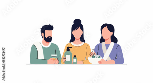 Three people engaged in beauty and self care routines.