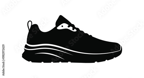 A modern running shoe design in stark black presented as a silhouette