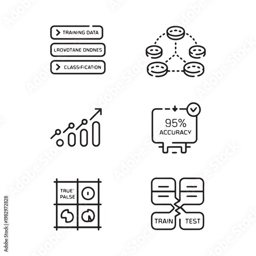 Machine learning icons set, artificial intelligence training data and classification vector, data science accuracy and testing symbols