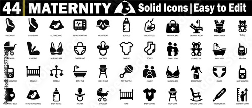 Maternity solid art icons. Featuring breast pump, pregnancy bump, ultrasound, baby bottle, stroller, crib, onesie, newborn, nursing bra, and heartbeat, vector illustration.