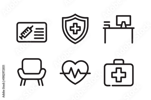 Medical line icon set, healthcare and hospital symbols, 6 vector elements including vaccine card, medical shield, doctor desk, and first aid kit