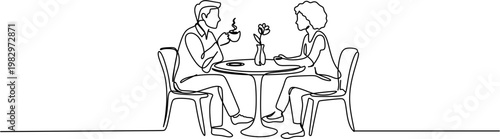 Continuous one line drawing of couple sitting at cafe table, man drinking coffee and woman talking on romantic date