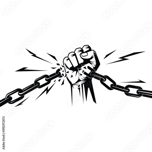 A powerful fist breaking free from a heavy chain with a burst of energy
