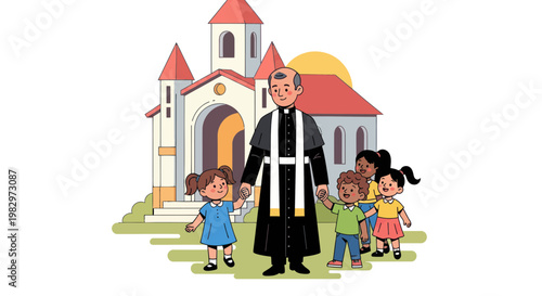 Priest Leading Children from Church