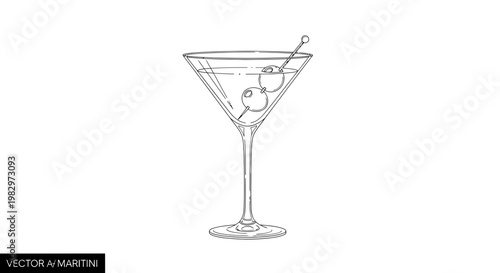 Martini cocktail with olives in a glass, line drawing, vector illustration