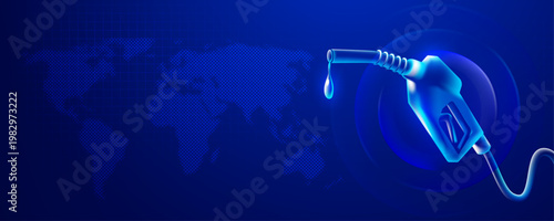 Glowing blue gas pump nozzle over digital world map background