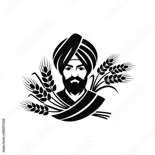 A black and white illustration of a man wearing a turban with wheat stalks