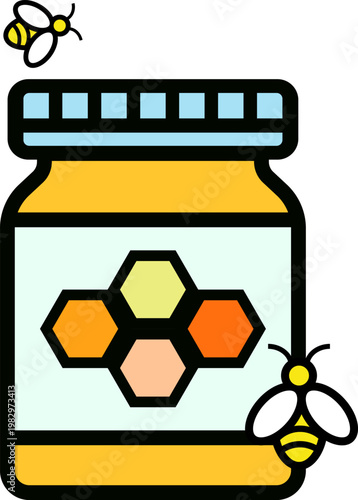Jar of honey with hexagonal combs and bees illustrated on a white background