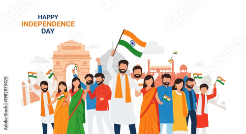 Diverse group of Indian people celebrating Independence Day with flags and traditional attire.