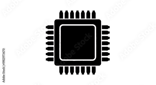 Vector illustration of black icon of a computer processor chip with pins on all four sides on a transparent background