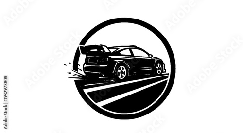 Vector illustration of vector illustration of a rally car drifting on a race track inside a circular frame on a transparent background