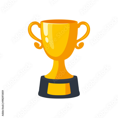 Simple gold cup trophy for first place for victory on a white background with a black pedestal and a gold plaque