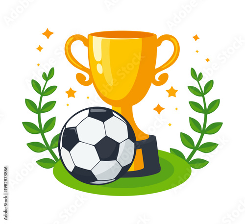 Gold cup trophy for first place for victory with soccer ball world championship championship glow and laurel branches