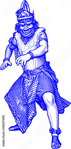Intricate vintage-style illustration of a mythical monkey warrior in traditional attire, wearing an ornate headdress and striking a dynamic, theatrical pose.