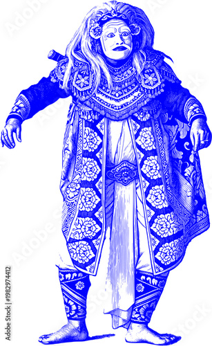 A stylized illustration of a traditional masked dancer in ornate costume, featuring intricate patterns, expressive mask, and dramatic stance, evoking cultural performance and heritage.