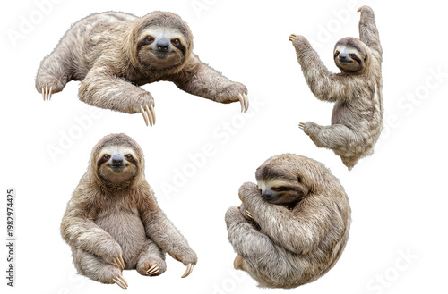 Bild auf Leinwand Adorable collection of four baby sloths posing, crawling, and hanging with unique expressions on a transparent