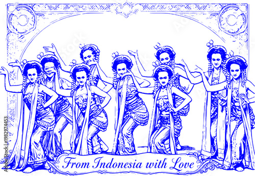 Vintage banknote-style illustration of traditional Indonesian dancers in synchronized poses, rendered in intricate green engraving, with the phrase “From Indonesia with Love.”