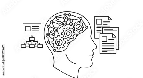 A line drawing of a human head with gears and documents.