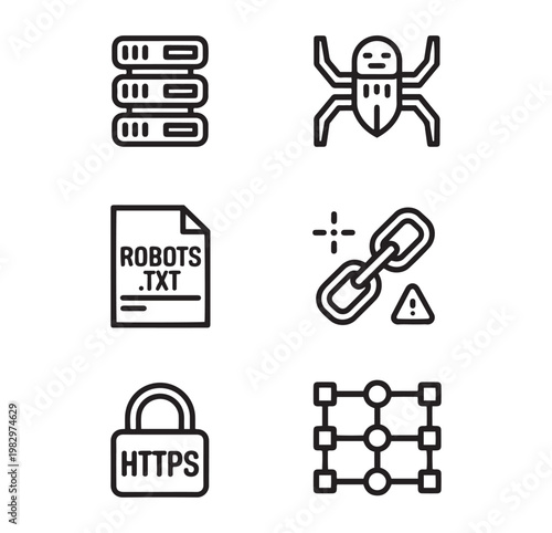 SEO search engine optimization icon set, web crawler and robots.txt file symbols, cybersecurity https padlock and broken link icons, 6 vector elements