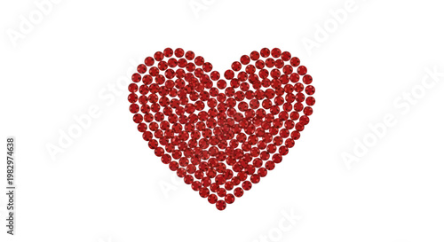 Heart shape made of sparkling red gemstones on white background