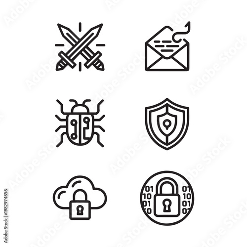 Cybersecurity line icon set, 6 digital security vector elements, network protection and data privacy symbols for web design and software apps