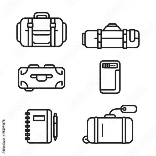 Minimalist travel bag icons set, black outline luggage and suitcase vector elements, 6 travel accessories for vacation and business trip planning