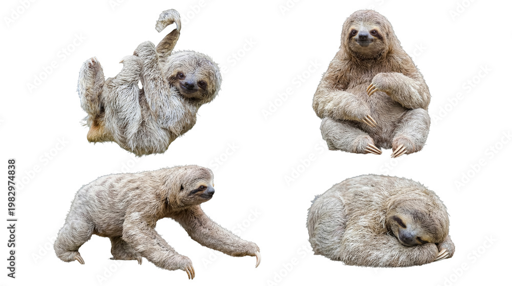 Obraz premium A charming series of four baby sloths in different, engaging poses, including hanging and sleeping.