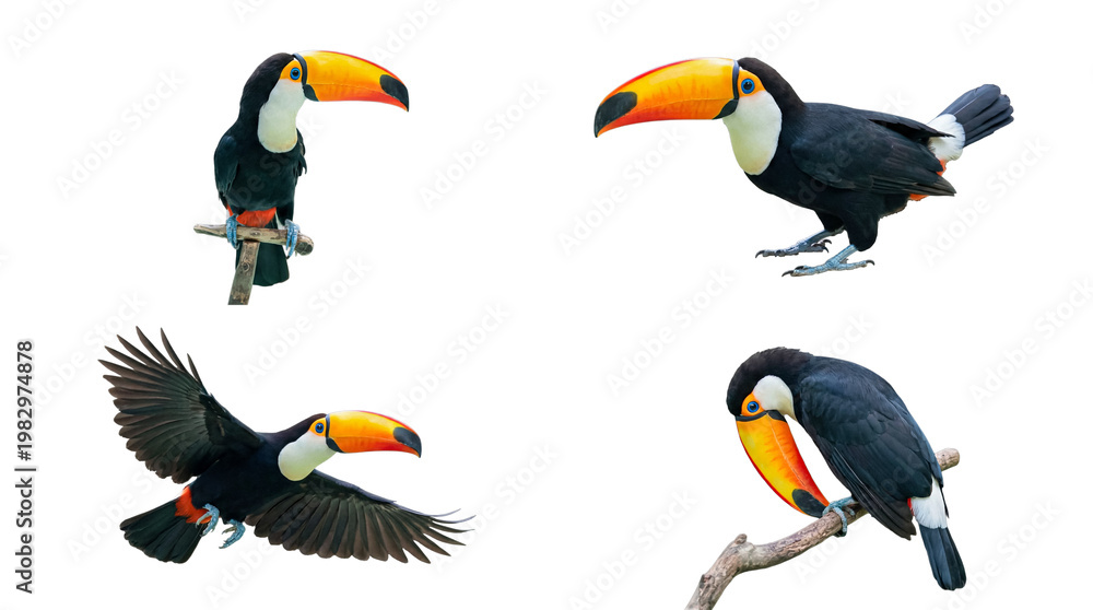 Fototapeta premium Dynamic collection of toucans in diverse postures, isolated on a bright transparent background.