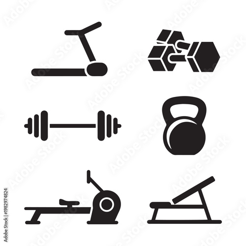 Gym equipment icon set with 6 black vector elements, fitness workout symbols including treadmill and barbell, weightlifting and cardio equipment icons