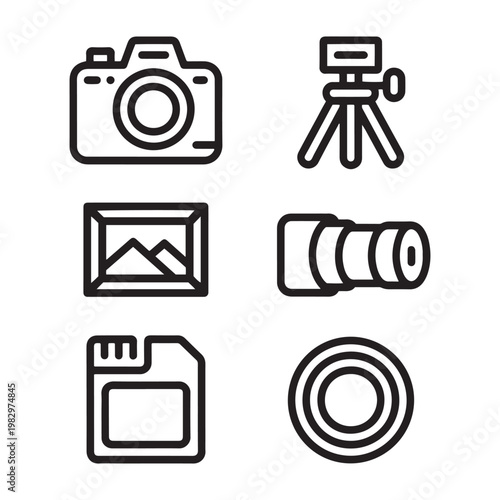 Photography equipment line icons set, 6 professional camera gear vector elements, minimalist digital imaging tools and accessories for web design