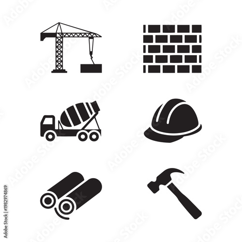Construction icon set with 6 black vector elements, industrial building site symbols, crane and cement truck icons, architectural tools and safety gear