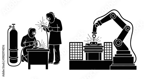 Industrial workers and robotic arm welding.