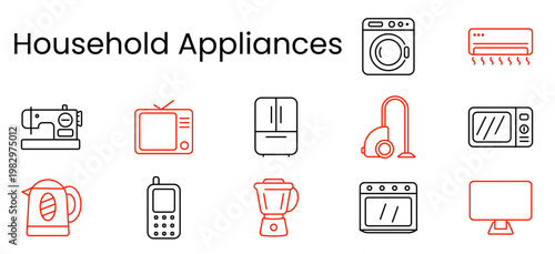 Household appliances set icon. Sewing machine, washing machine, airconditioner, television, fridge, vacuum, microwave, kettle, phone, blender, oven, monitor, electronics, home service, daily comfort