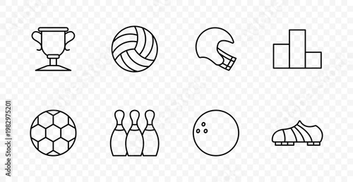 Sports game set icon. Trophy, volleyball, helmet, blocks, soccer ball, bowling pins, bowling ball, football boot, competition, activity, training