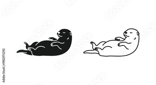 Minimalist sea otter vector icons, cute sleeping otter silhouette and line art set, black and white aquatic animal character for logo design