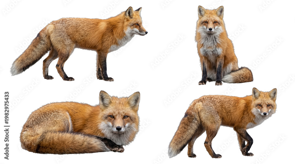 Naklejka premium Four elegant red foxes in various natural poses, isolated on a transparent background, showcasing their stunning coats.