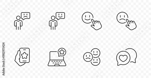 Feedback rating set icon. User review, positive comment, emoji choice, negative response, mobile rating, laptop feedback, emotion scale, reaction