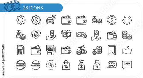 Finance and payment icons set with wallet cashback money transaction banking elements minimal line style vector collection