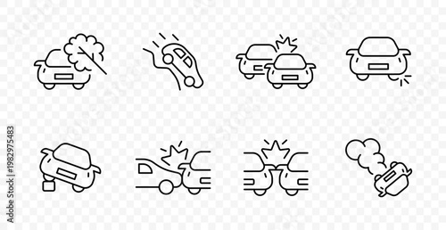 Car accident set icon. Smoke damage, crash impact, collision warning, broken vehicle, roadside incident, insurance case, traffic danger