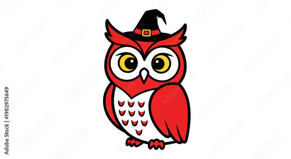 Obraz premium Cute Red Owl Wearing Witch Hat, Cartoon Character, Halloween Theme