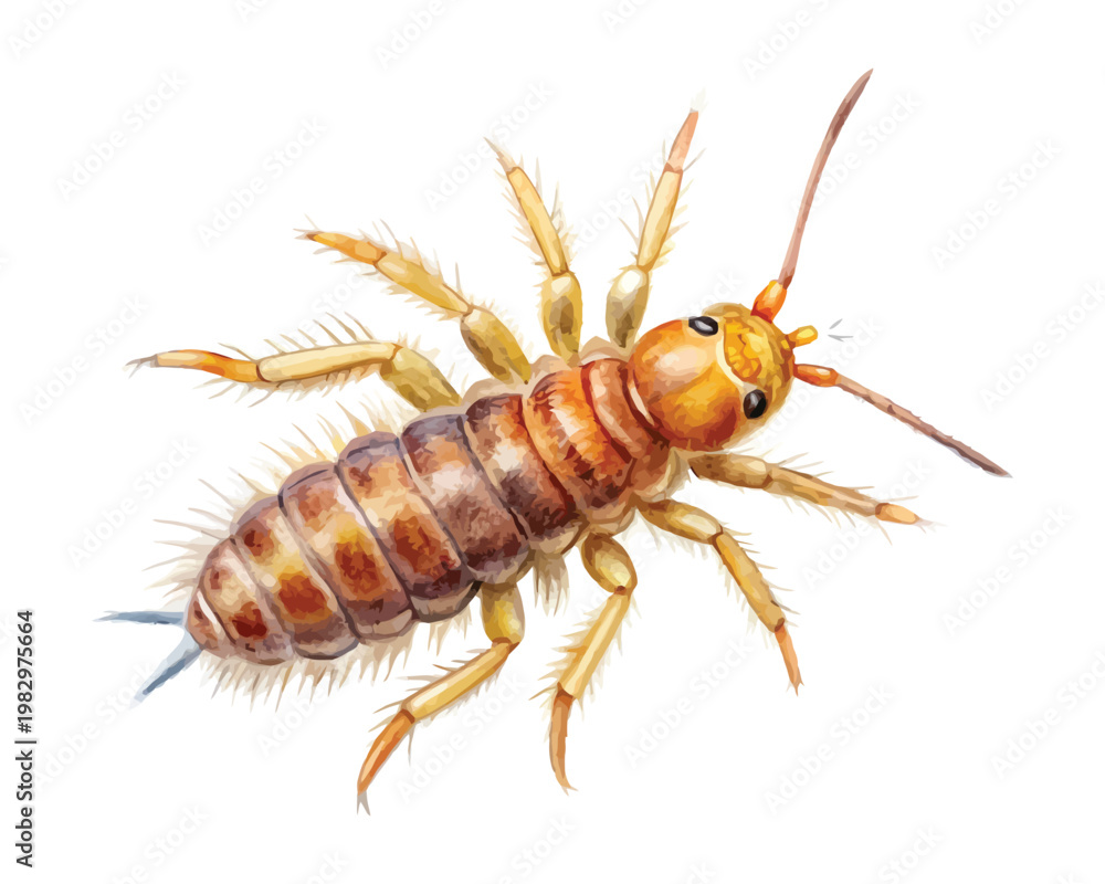 Fototapeta premium Watercolor Springtail Illustration, Tiny Jumping Insect Art, isolated on white background