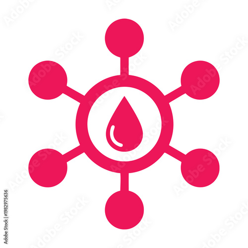 Blood Donation Center Symbol Featuring a Red Drop Icon Connected to Molecular Science Network Nodes
