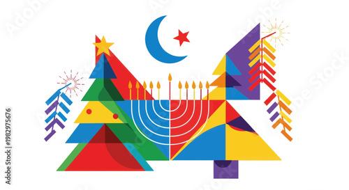 Diverse Holiday Celebration: Christmas Tree, Menorah, Crescent Moon & Star, Fireworks