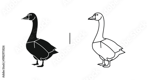 Minimalist goose vector icons, black silhouette and line art farm bird illustrations, standing waterfowl profile graphics for logo design