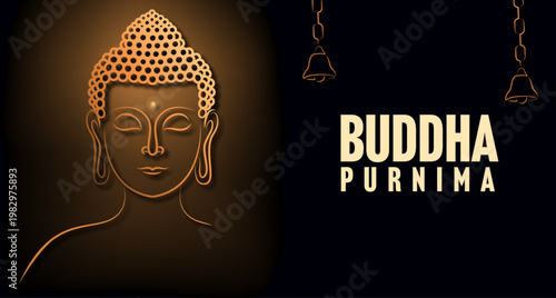 Buddha Purnima Poster with Golden Buddha Face Line Art, Hanging Ornaments, and Elegant Dark Background