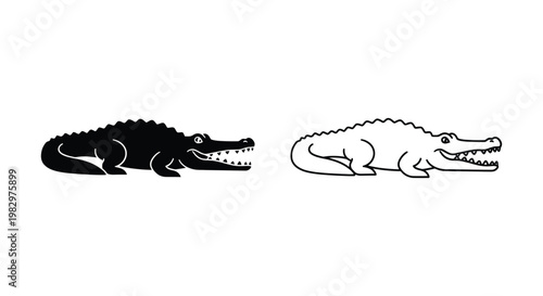 Minimalist crocodile vector icons, black silhouette and line art alligator illustrations, wild reptile swamp animal graphics for logo design